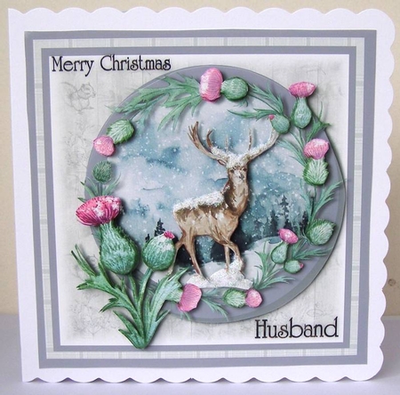 Deer in the snow with thistles for Husband by Margaret McCartney