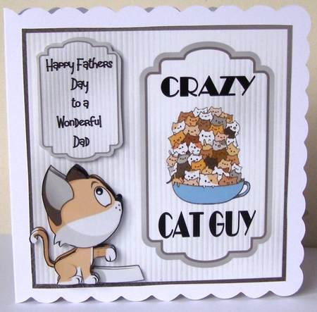 Crazy Cat Guy 1 - 6x6 inch card front with decoupage by Margaret McCartney