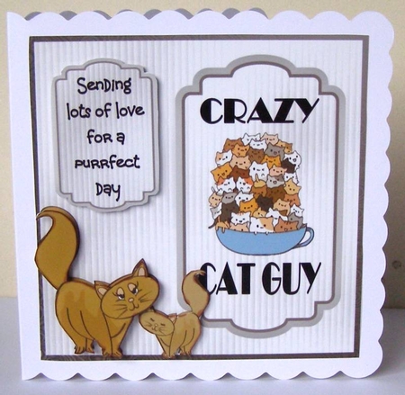 Crazy Cat Guy 3 - 6x6 inch card front with decoupage by Margaret McCartney