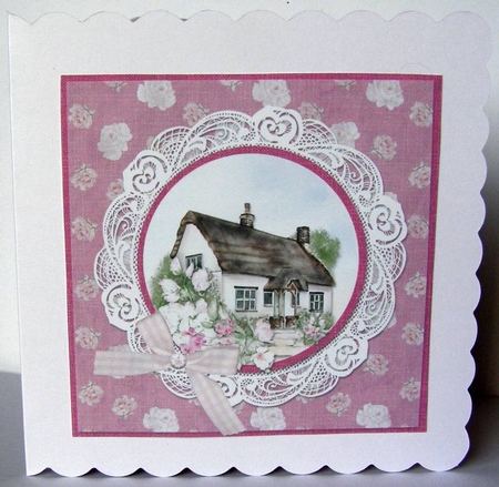 Country Garden 14: Country Cottage 6 x 6 Card Insert with Pink/White Floral Background, Blank by Margaret McCartney