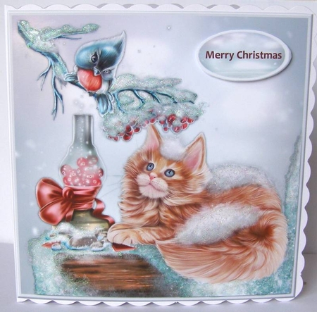 Winter Kitten & Bird Topper by Margaret McCartney
