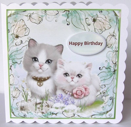 Green Floral  7x7 card front with  cute Kittens by Margaret McCartney
