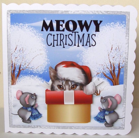 Crazy Christmas Cats 1 - 6x6 inch card front with decoupage by Margaret McCartney