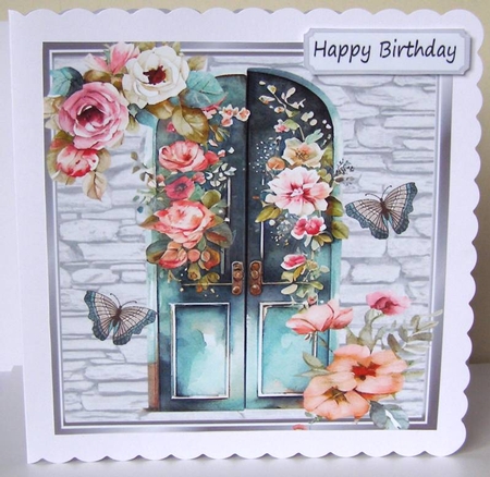 Pretty Floral Doors With Brick Wall and butterflies 8x8 (two) by Margaret McCartney