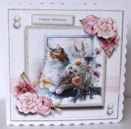 8x8 Gazing Cat Mini Kit - Decoupage, & Pyramage - x5 A4 sheets  by Margaret McCartney