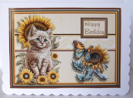 Two Quick Sunflowers And Cats Toppers Happy Birthday and Thinking of You by Margaret McCartney