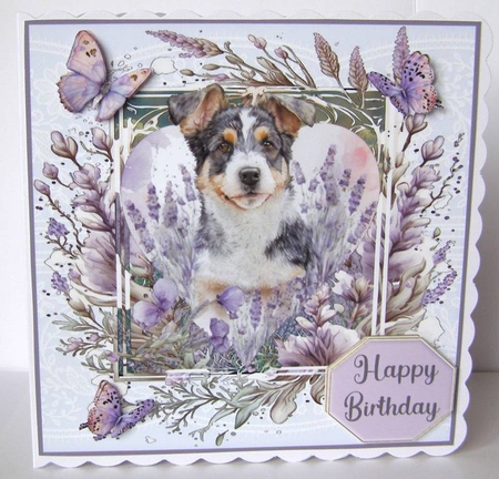 Pup in lavender card front 6 by Margaret McCartney