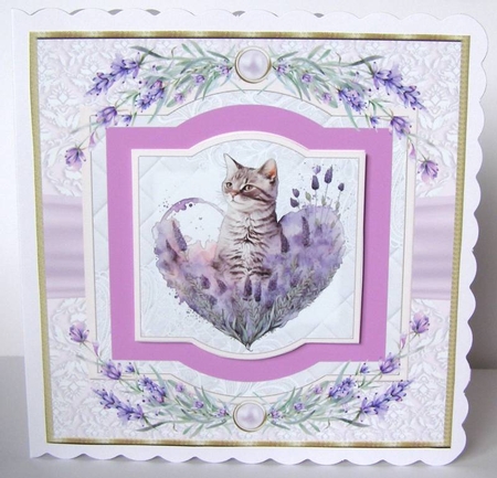 Lavender heart cat card front 1 by Margaret McCartney