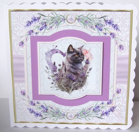 Lavender heart cat card front 4 by Margaret McCartney