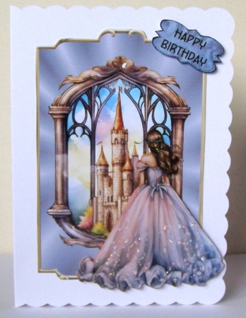 Castle Window 4 - 7x5 inch card front with decoupage by Margaret McCartney