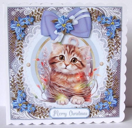 Kitty in a Christmas tangle card front 6 by Margaret McCartney