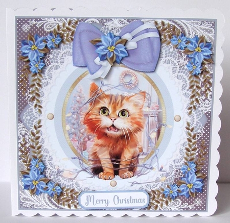 Kitty in a Christmas tangle card front 7 by Margaret McCartney