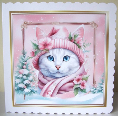 Lovely Cat in Hat & Scarf Pink Christmas 8x8 Frame (One) by Margaret McCartney