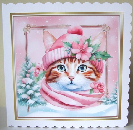 Lovely Cat in Hat & Scarf Pink Christmas 8x8 Frame (Two) by Margaret McCartney