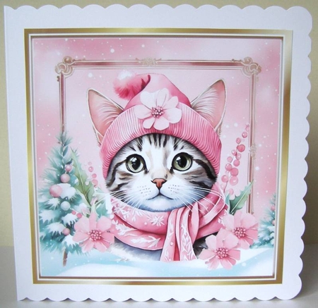 Lovely Cat in Hat & Scarf Pink Christmas 8x8 Frame (Three) by Margaret McCartney