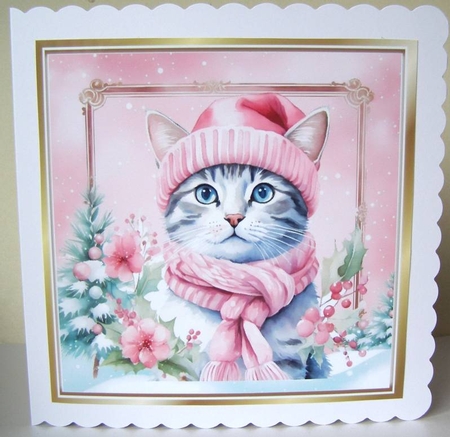 Lovely Cat in Hat & Scarf Pink Christmas 8x8 Frame (Four) by Margaret McCartney