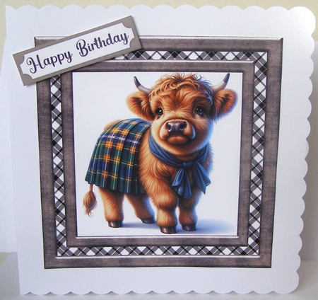 Tartan Highland cow card front 7 by Margaret McCartney