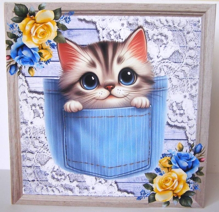 4 Cute Kitties In Denim Pockets & Lace With Flowers 8x8 Mini Kit by Margaret McCartney