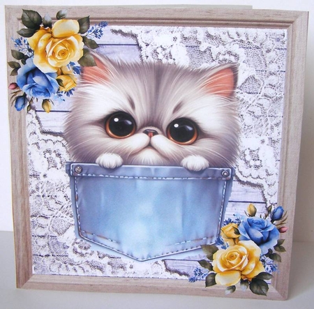 4 Cute Kitties In Denim Pockets & Lace With Flowers 8x8 Mini Kit by Margaret McCartney