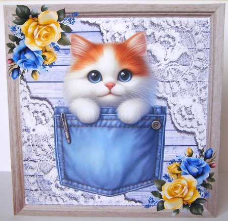 4 Cute Kitties In Denim Pockets & Lace With Flowers 8x8 Mini Kit by Margaret McCartney