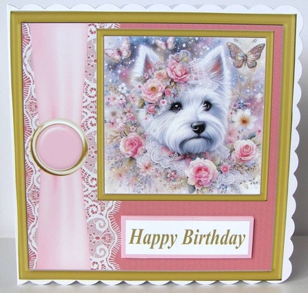 Pink floral Westie card front 9 by Margaret McCartney