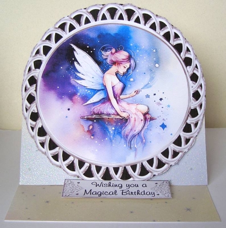 Moon Fairies 1 - 6x6 inch circular card front with decoupage   by Margaret McCartney