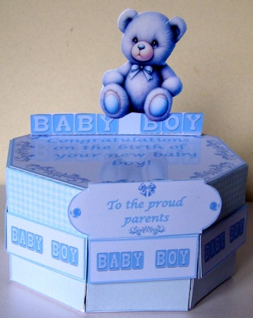 New baby boy octagonal exploding box card. by Margaret McCartney
