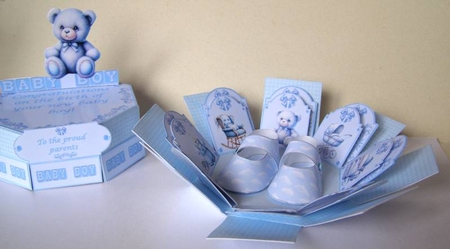 New baby boy octagonal exploding box card. by Margaret McCartney