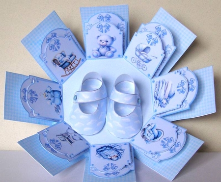 New baby boy octagonal exploding box card. by Margaret McCartney
