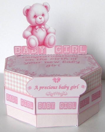 New baby girl octagonal exploding box card. by Margaret McCartney