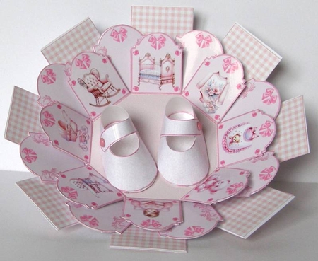 New baby girl octagonal exploding box card. by Margaret McCartney