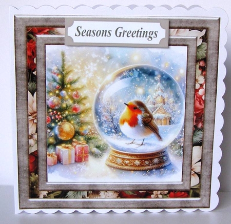 Christmas robin snow globe card front 1 by Margaret McCartney
