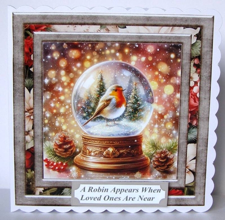 Christmas robin snow globe card front 2 by Margaret McCartney