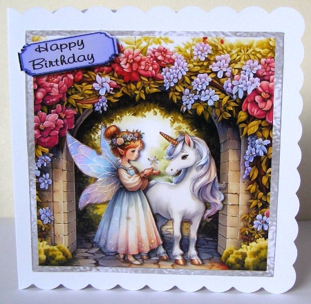 Enchanted Garden 4 - 6x6 inch card front with decoupage   by Margaret McCartney