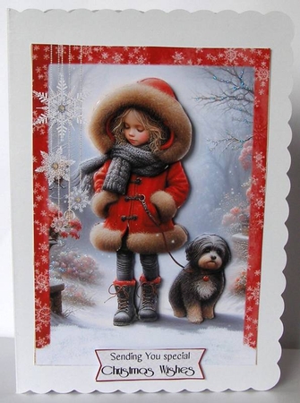 Walking My Tibetan Terrier in the Snow A5 Card Front & Decoupage by Margaret McCartney