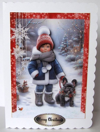 Walking My French Bulldog in the Snow A5 Card Front & Decoupage by Margaret McCartney
