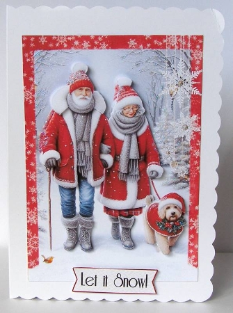 Mr and Mrs Christmas Walking Their Dog in the Snow A5 Card Front & Decoupage by Margaret McCartney