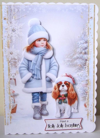 Walking My King Charles Cavalier in the Snow A5 Card Front & Decoupage by Margaret McCartney