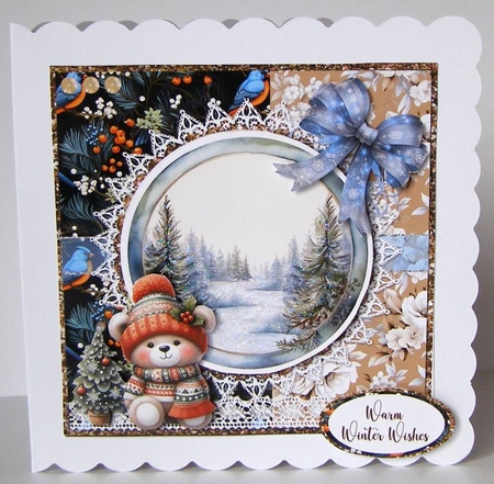 2024 Christmas Scenes 14: Teddy & Bow 6 x 6 Card Front with Topper, Decoupage Elements & Sentiments by Margaret McCartney