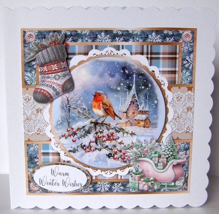 Christmas Robins & Cardinals 5: Robin/Church Scene 6 x 6 Card Front with Topper, Decoupage & Sentiments by Margaret McCartney