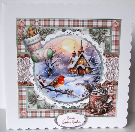 Christmas Robins & Cardinals 10: Robin & Snowy Church Scene 8 x 8 Quick Card Front with Sentiments by Margaret McCartney