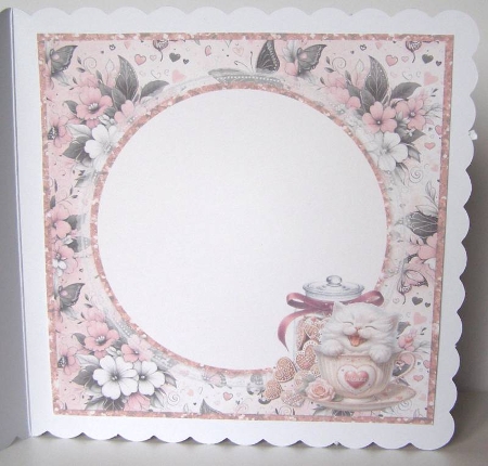 Teacup Valentines Kittens 16: 8 x 8 Card Insert with Pink & Grey Floral Background by Margaret McCartney