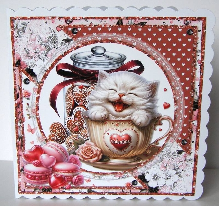 Teacup Valentines Kittens 16: 8 x 8 Card Insert with Pink & Grey Floral Background by Margaret McCartney