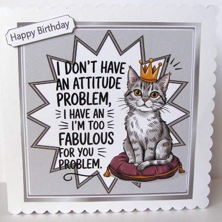 Funky Silver 8X8 Card Front/Topper, Cat On A Cushion by Margaret McCartney