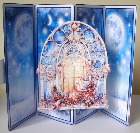 Gatefold pop-out Blue Church window by Margaret McCartney