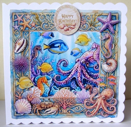 Octopus Underwater Cardmaking Sheet with Coral Frame, Sea Creatures and Ocean Sentiment Badges by Margaret McCartney