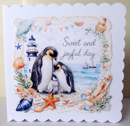 Watercolor Coastal Wildlife Card Topper – Penguin Family, Lighthouse & Seashells by Margaret McCartney