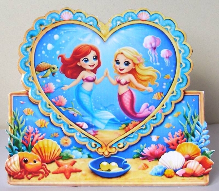 Cute Mermaid Heart Frame Topper with Coral Reef & Happy Day Banner by Margaret McCartney
