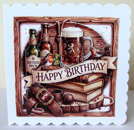 Rustic Pub Birthday Card Front – Beer, Books & Vintage Masculine Topper by Margaret McCartney