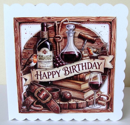 Wine & Rustic Birthday Card Front – Red Wine, Books & Vintage Masculine Topper by Margaret McCartney